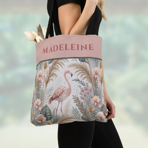 Flamingo and Foliage in Dusty Pink and Sage Tote Bag