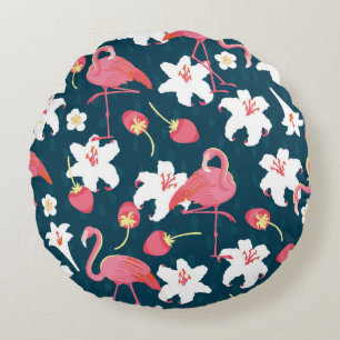 Flamingo and Lilies Tropical vintage Seamless Patt Round Pillow