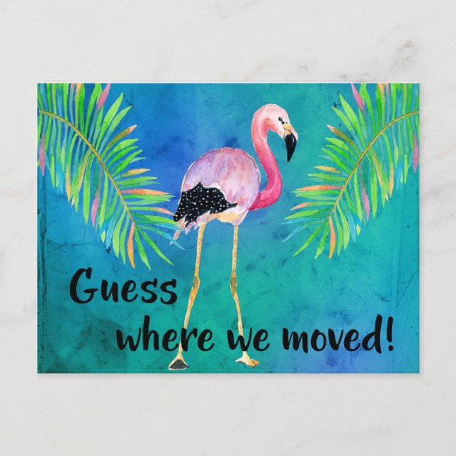Flamingo and Palm Leaves Change of Address Announcement Postcard (Front)