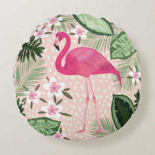 Flamingo and palm trees seamless pattern illustrat round pillow