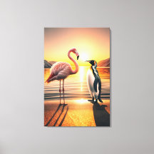 Flamingo and Penguin Sunset Encounter