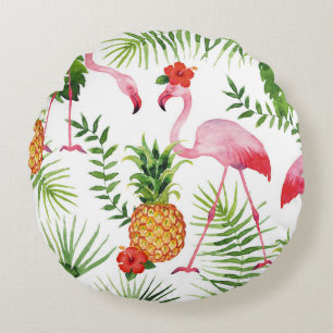 Flamingo and pineapple round pillow