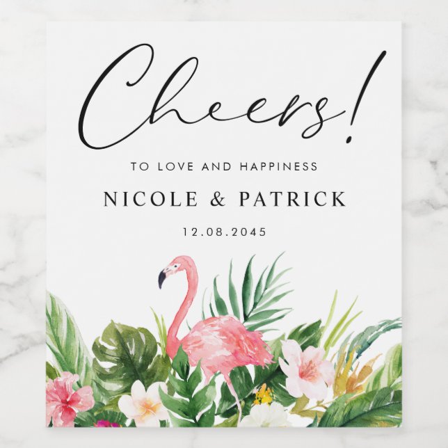 Flamingo and Tropical Flowers Summer Wedding Wine Label (Single Label)