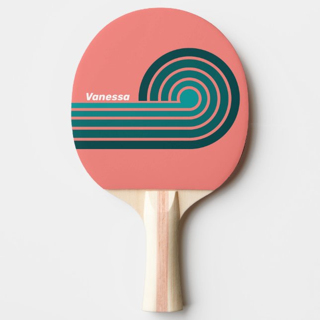 Flamingo Aqua Curl Stripes with Name Ping Pong Paddle (Front)