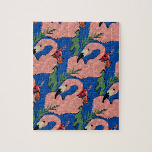 Flamingo Art Hand Drawn Hibiscus Palm Leaves Jigsaw Puzzle