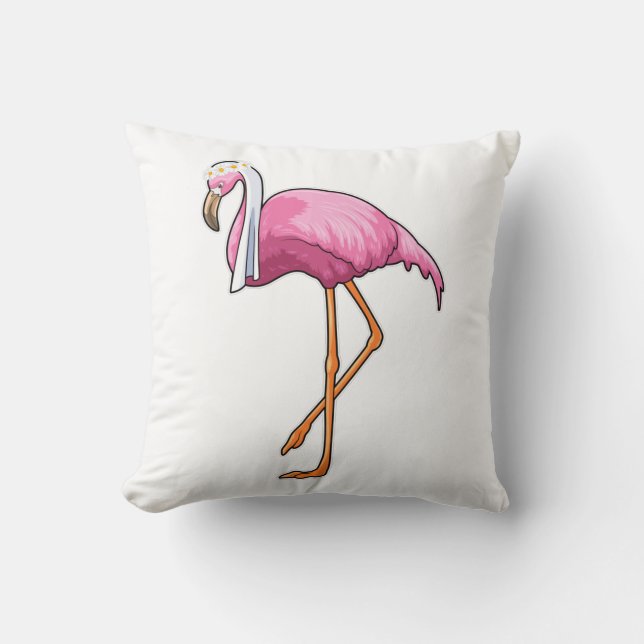 Flamingo as Bride with Veil Throw Pillow (Front)