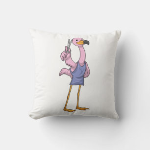 Flamingo as Hair stylist with Scissors Throw Pillow
