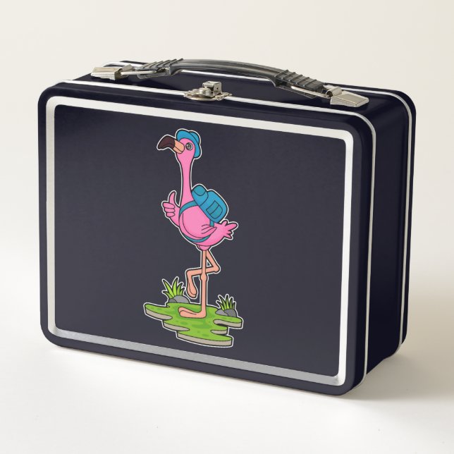Flamingo as Hiker with Backpack Metal Lunch Box (Front)