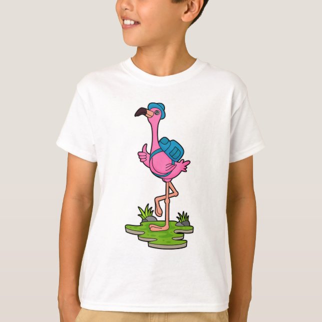 Flamingo as Hiker with Backpack T-Shirt (Front)