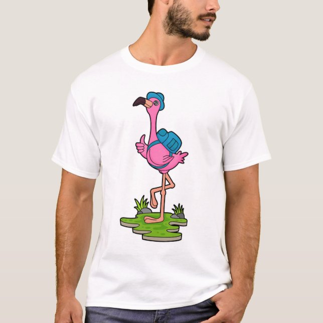 Flamingo as Hiker with Backpack T-Shirt (Front)