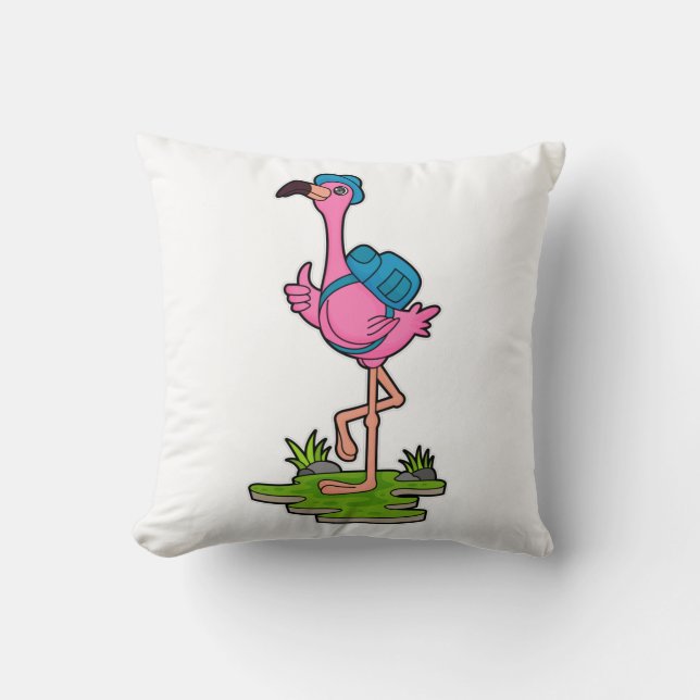 Flamingo as Hiker with Backpack Throw Pillow (Front)