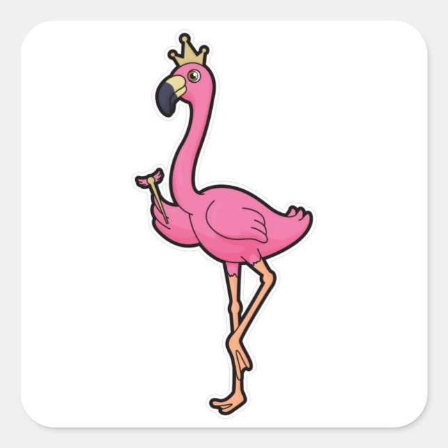 Flamingo as King with Crown & Staff Square Sticker (Front)