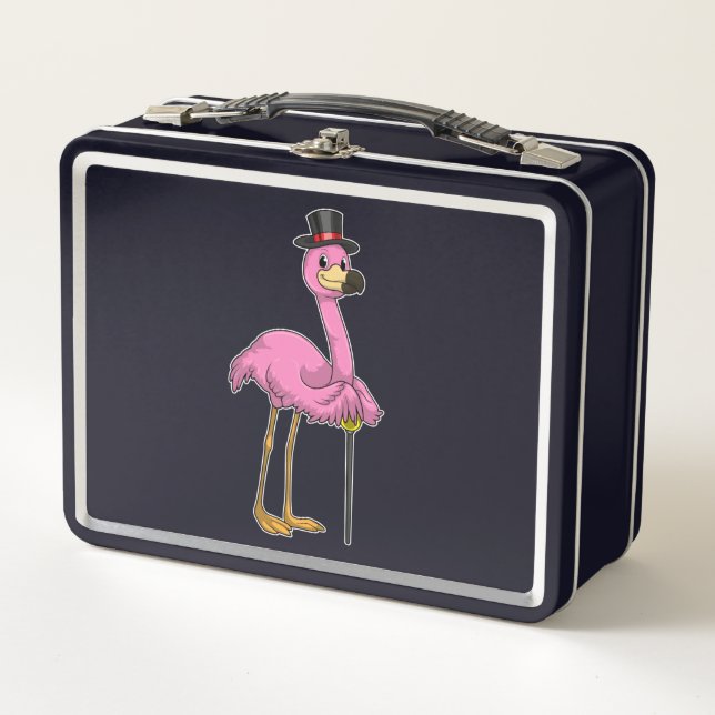 Flamingo as Pensioner with Walking stick Metal Lunch Box (Front)