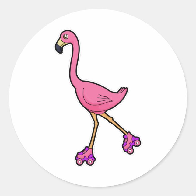 Flamingo as Skater with Roller skates Classic Round Sticker (Front)