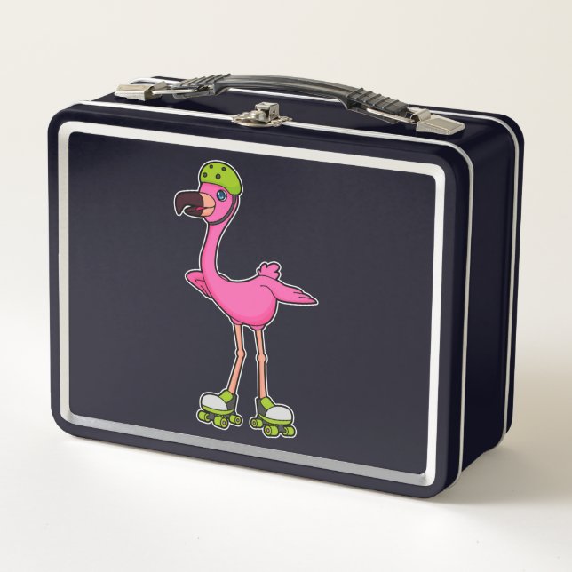 Flamingo as Skater with Roller skates & Helmet Metal Lunch Box (Front)