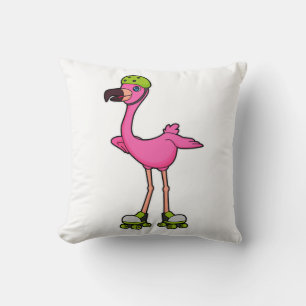 Flamingo as Skater with Roller skates & Helmet Throw Pillow