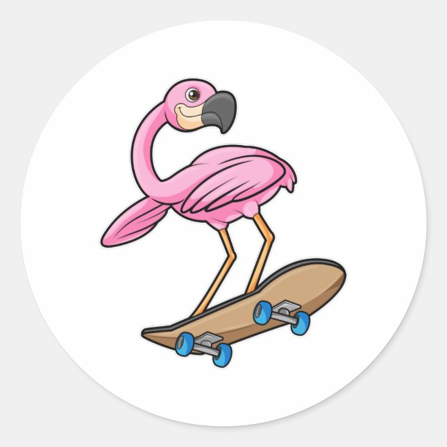 Flamingo as Skater with Skateboard Classic Round Sticker (Front)