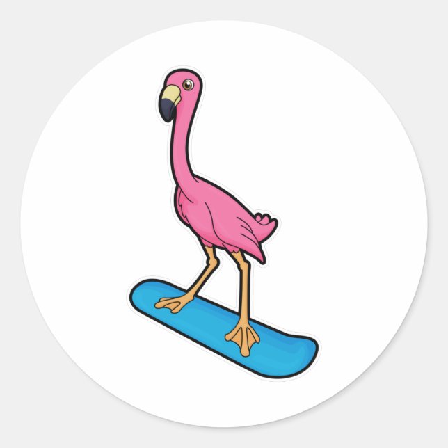 Flamingo as Snowboarder with Snowbaord Classic Round Sticker (Front)