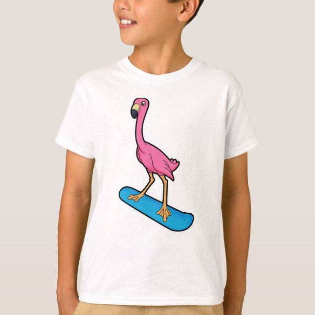 Flamingo as Snowboarder with Snowbaord T-Shirt (Front)