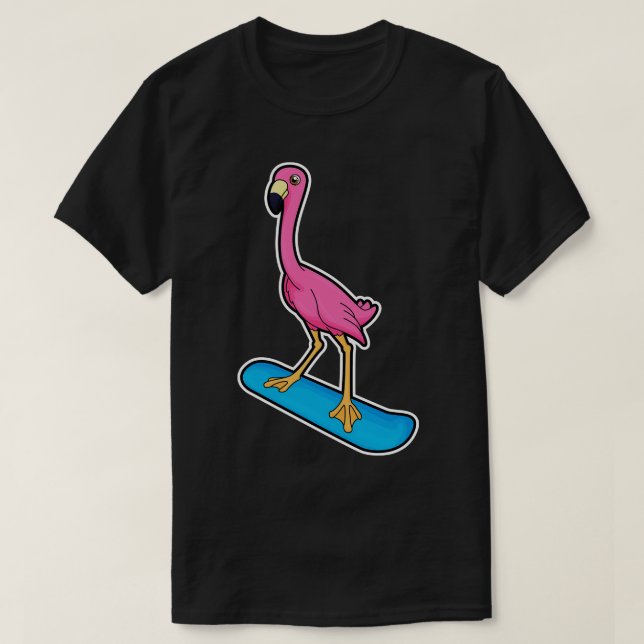 Flamingo as Snowboarder with Snowbaord T-Shirt (Design Front)