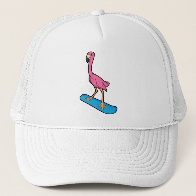 Flamingo as Snowboarder with Snowbaord Trucker Hat (Front)
