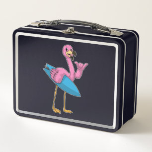 Flamingo as Surfer with Surfboard Metal Lunch Box