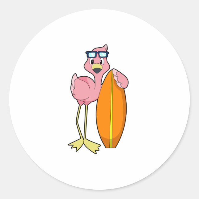 Flamingo as Surfer with Surfboard.PNG Classic Round Sticker (Front)