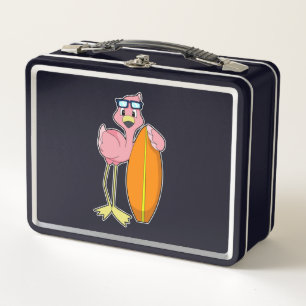Flamingo as Surfer with Surfboard.PNG Metal Lunch Box