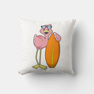 Flamingo as Surfer with Surfboard.PNG Throw Pillow