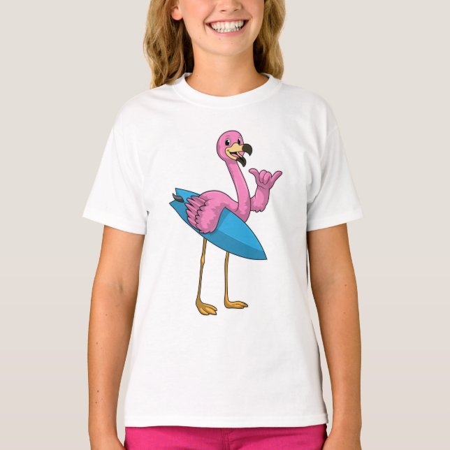 Flamingo as Surfer with Surfboard T-Shirt (Front)