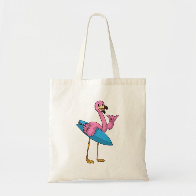 Flamingo as Surfer with Surfboard Tote Bag (Front)