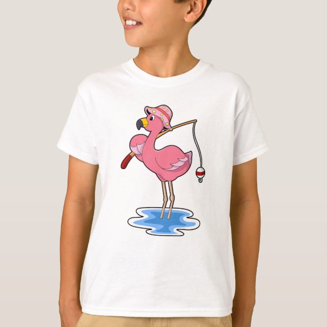 Flamingo at Fishing with Fishing rod T-Shirt (Front)