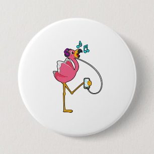Flamingo at Music with Headphone 3 Inch Round Button