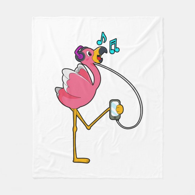 Flamingo at Music with Headphone Fleece Blanket (Front)