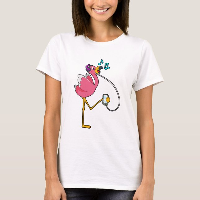 Flamingo at Music with Headphone T-Shirt (Front)