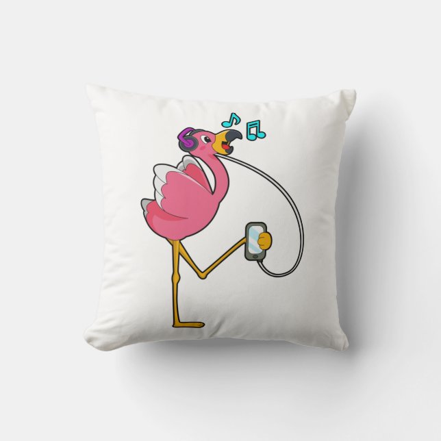 Flamingo at Music with Headphone Throw Pillow (Front)