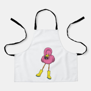 Flamingo at Raining with Rubber boots Apron