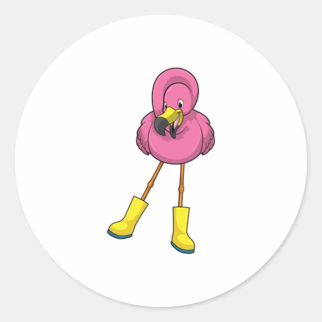 Flamingo at Raining with Rubber boots Classic Round Sticker (Front)