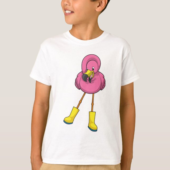 Flamingo at Raining with Rubber boots T-Shirt (Front)