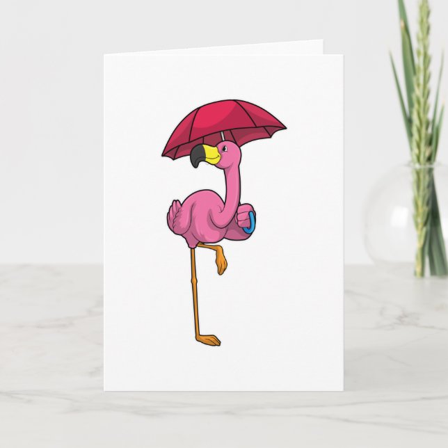 Flamingo at Raining with Umbrella Card (Front)