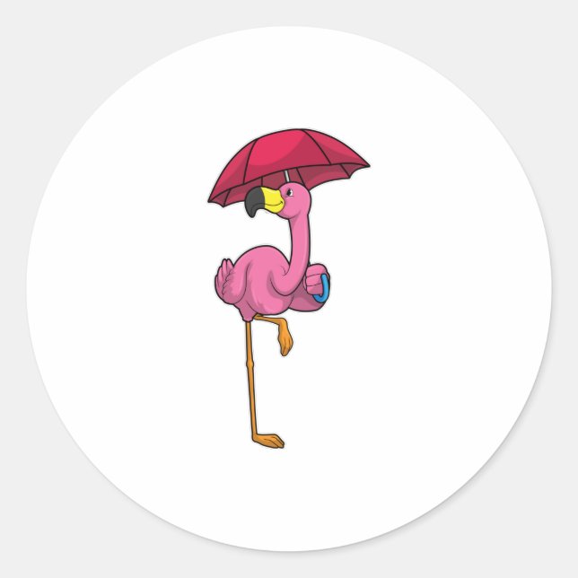 Flamingo at Raining with Umbrella Classic Round Sticker (Front)