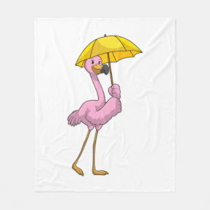 Flamingo at Raining with Umbrella Fleece Blanket