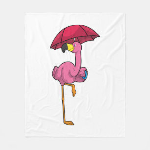 Flamingo at Raining with Umbrella Fleece Blanket