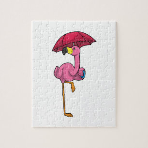 Flamingo at Raining with Umbrella Jigsaw Puzzle