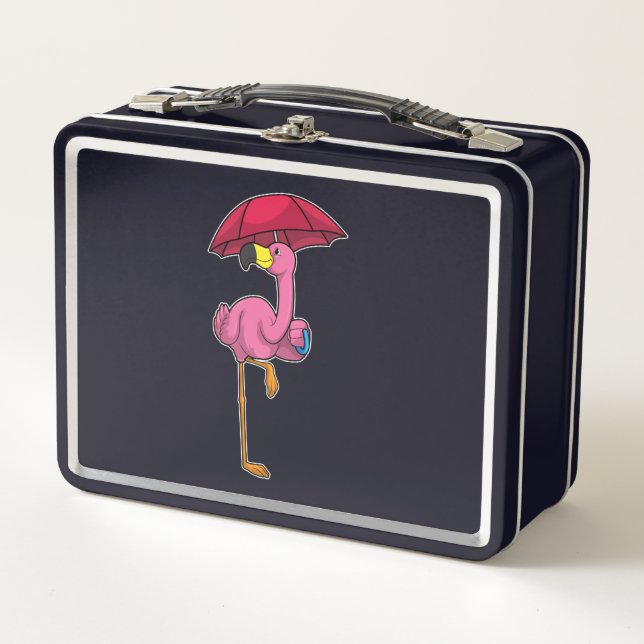 Flamingo at Raining with Umbrella Metal Lunch Box (Front)
