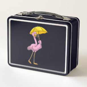 Flamingo at Raining with Umbrella Metal Lunch Box