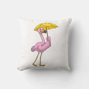 Flamingo at Raining with Umbrella Throw Pillow