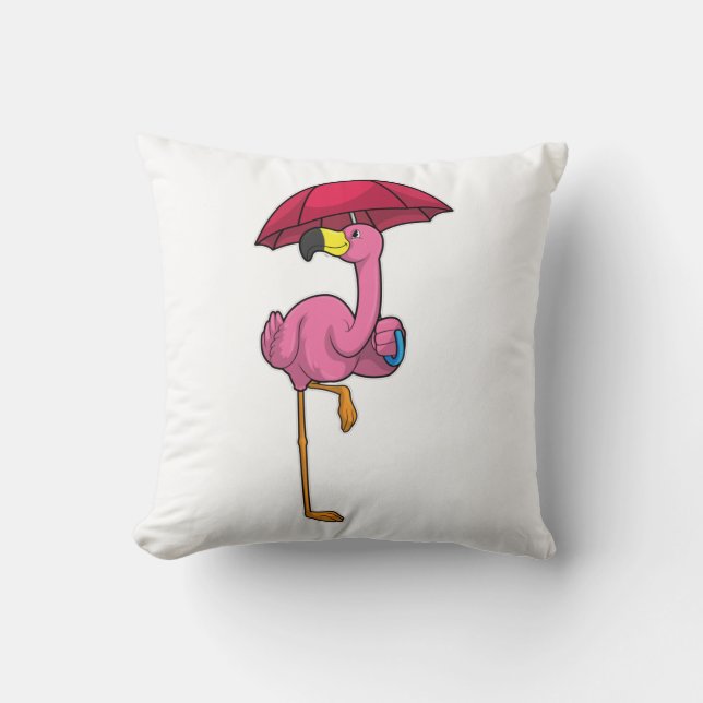 Flamingo at Raining with Umbrella Throw Pillow (Front)