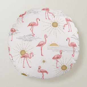 Flamingo at sunset hand drawn seamless doodle patt round pillow