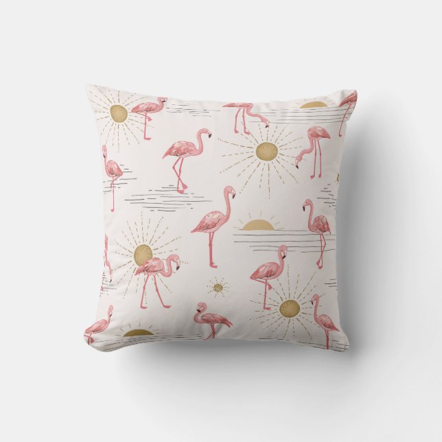 Flamingo at sunset hand drawn seamless doodle patt throw pillow (Front)